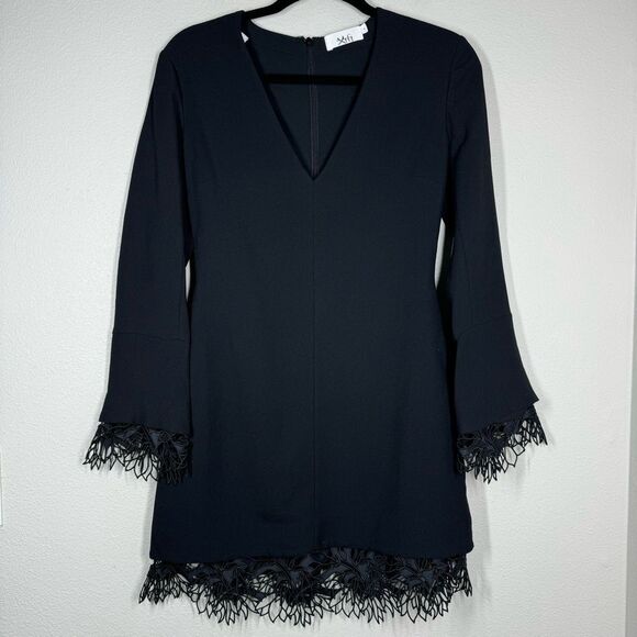 A.L.C. Jamie Ponte Lace Trim Mini Dress Black Long Sleeve Romantic Whimsigoth 4 - Picture 1 of 11